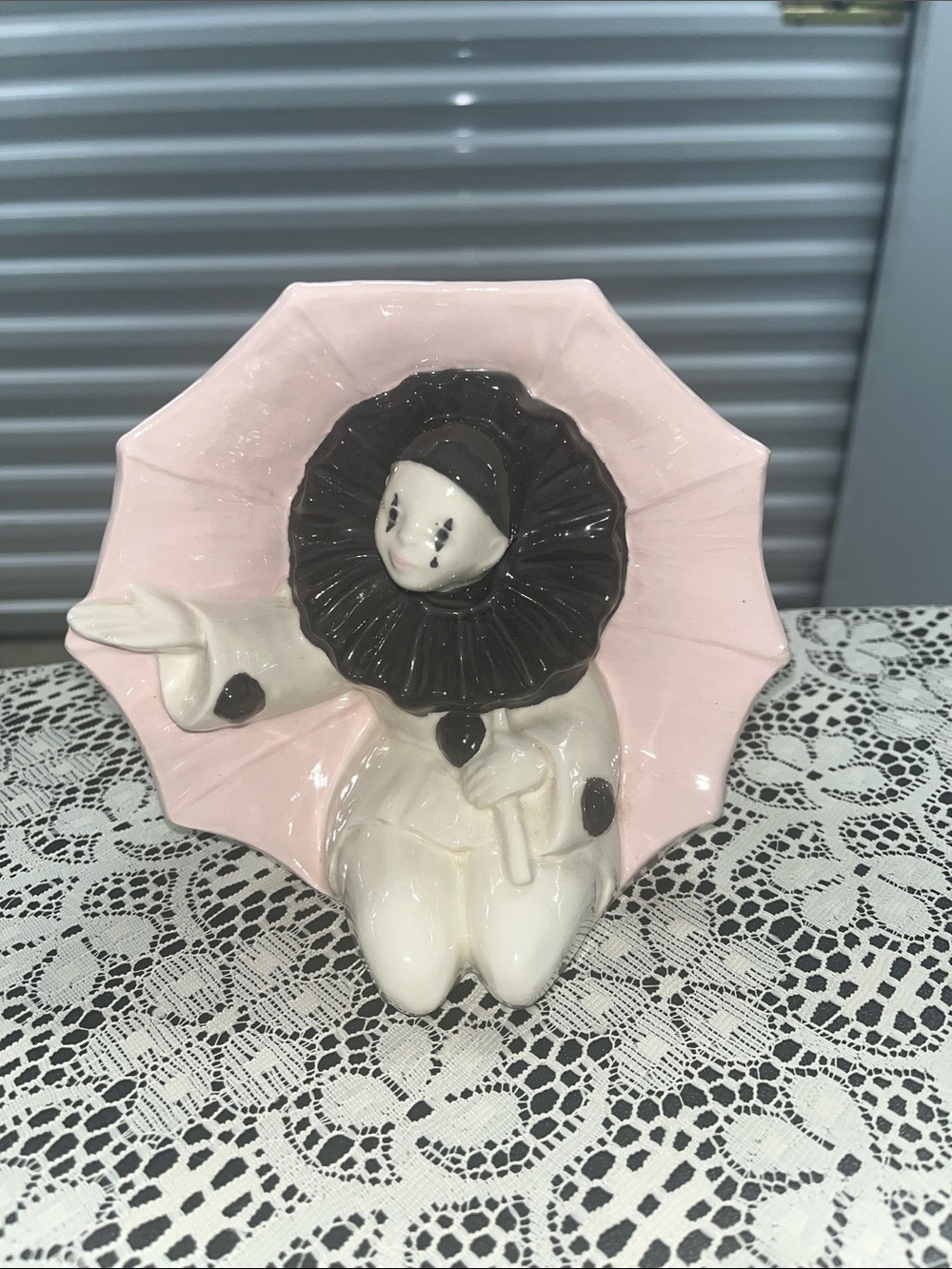 Vintage Hand Painted Ceramic Mime Figurine Pink Ruffle Pierrot Clown Polka Dots